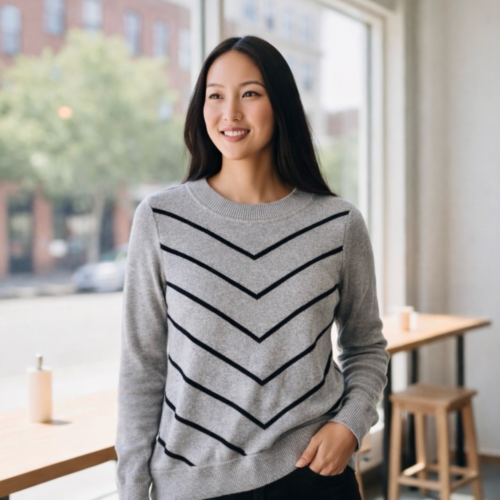 Timeless Everyday Chevron‎ Stripe Crewneck Sweater Gray Black Women’s Small